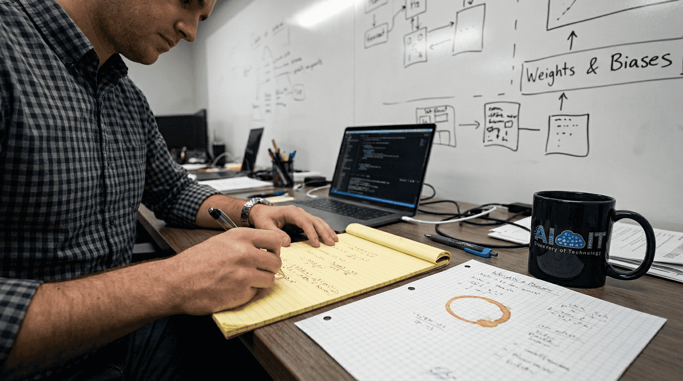 Engineer sketching neural network weights and biases