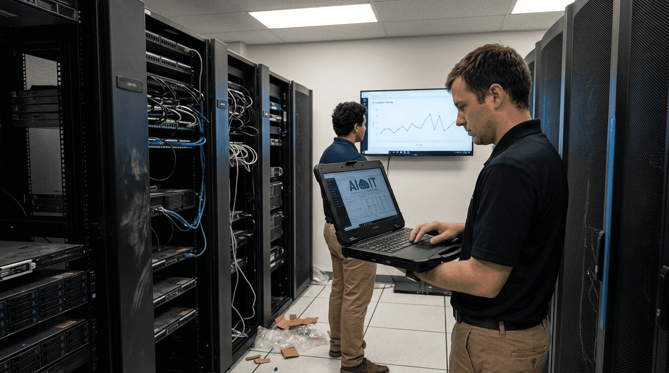 IT team monitoring servers with AI dashboard