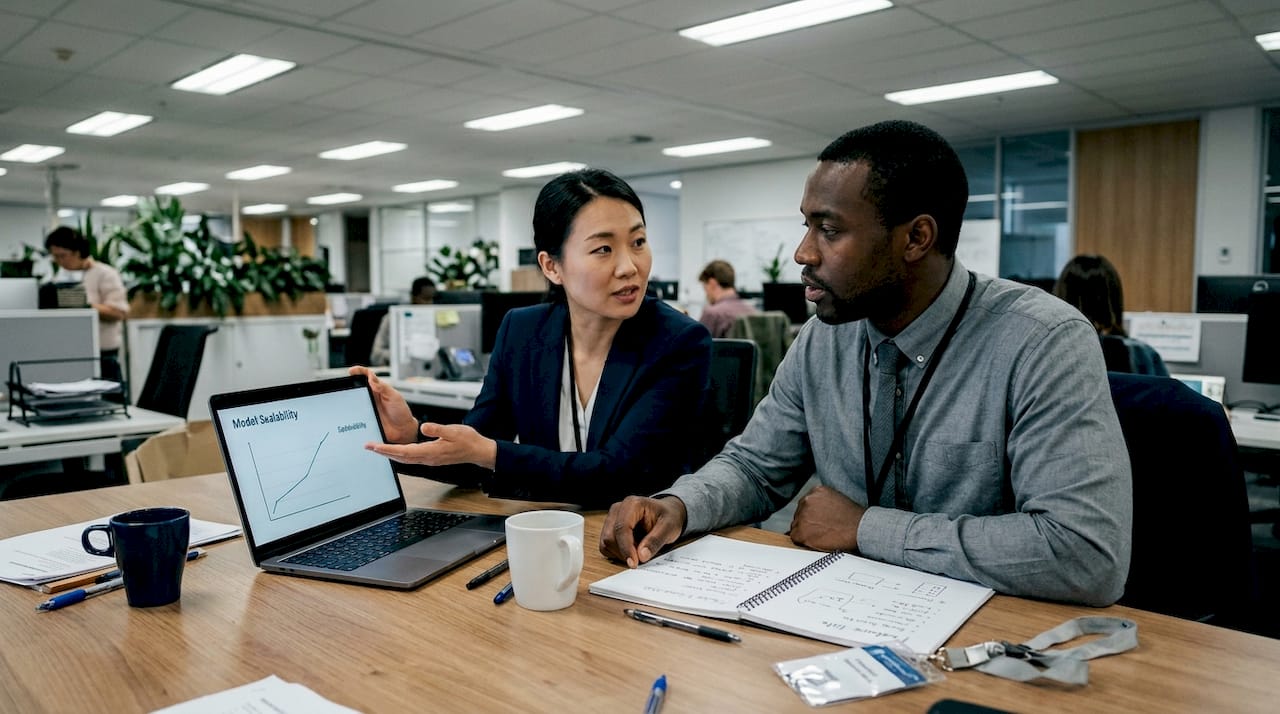Colleagues discuss AI tool scalability