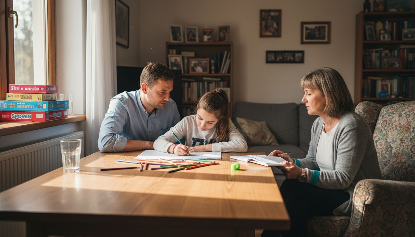 Družina skupaj s terapevtom sedi za mizo in se pogovarja.