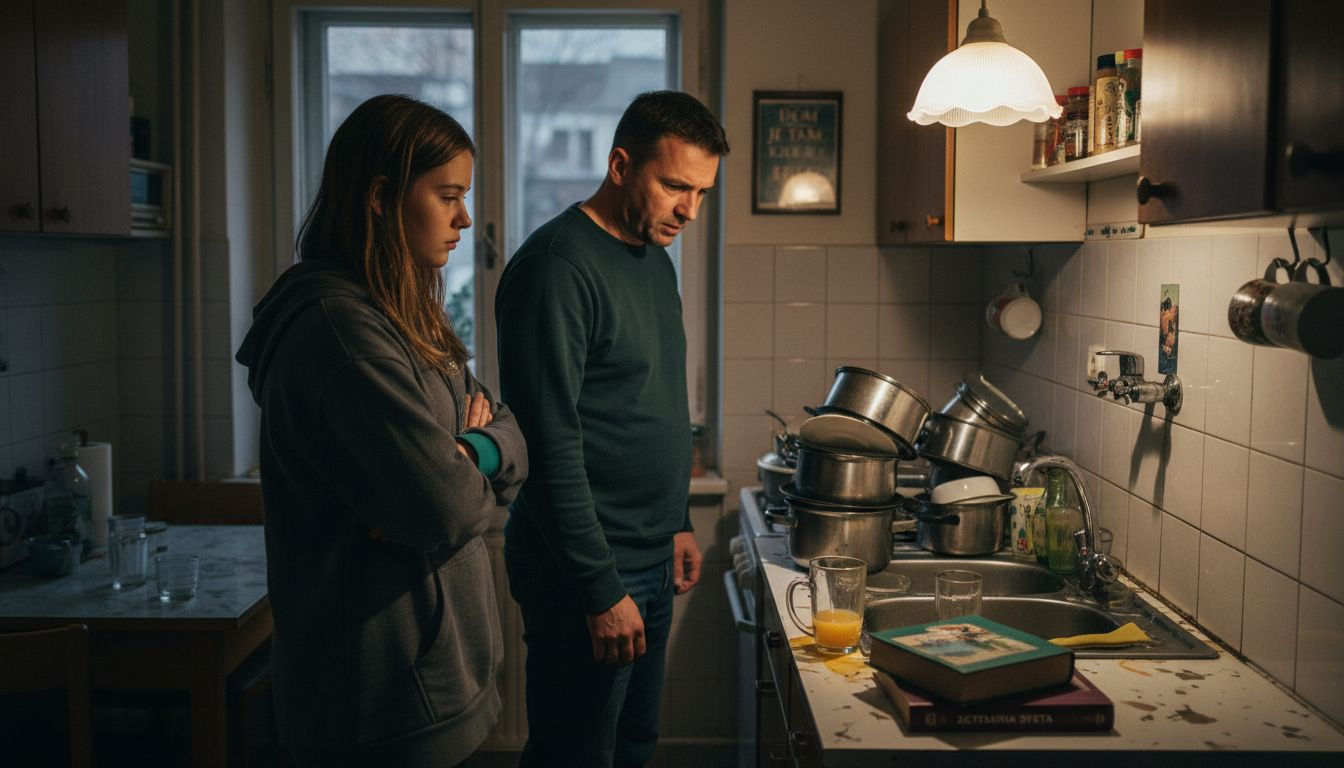 Oče in hči v napeti situaciji v kuhinji