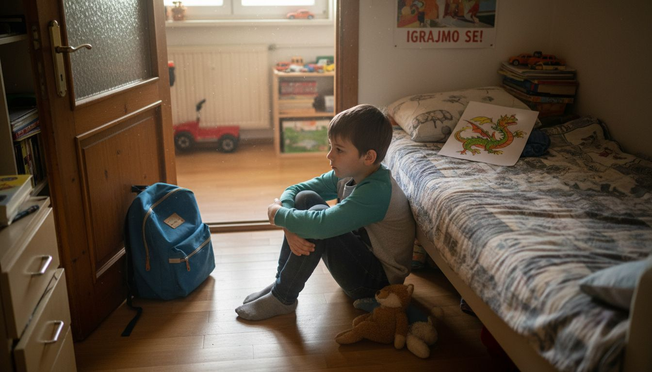 Fant, ki ga muči tesnoba, sam sedi v svoji sobi.