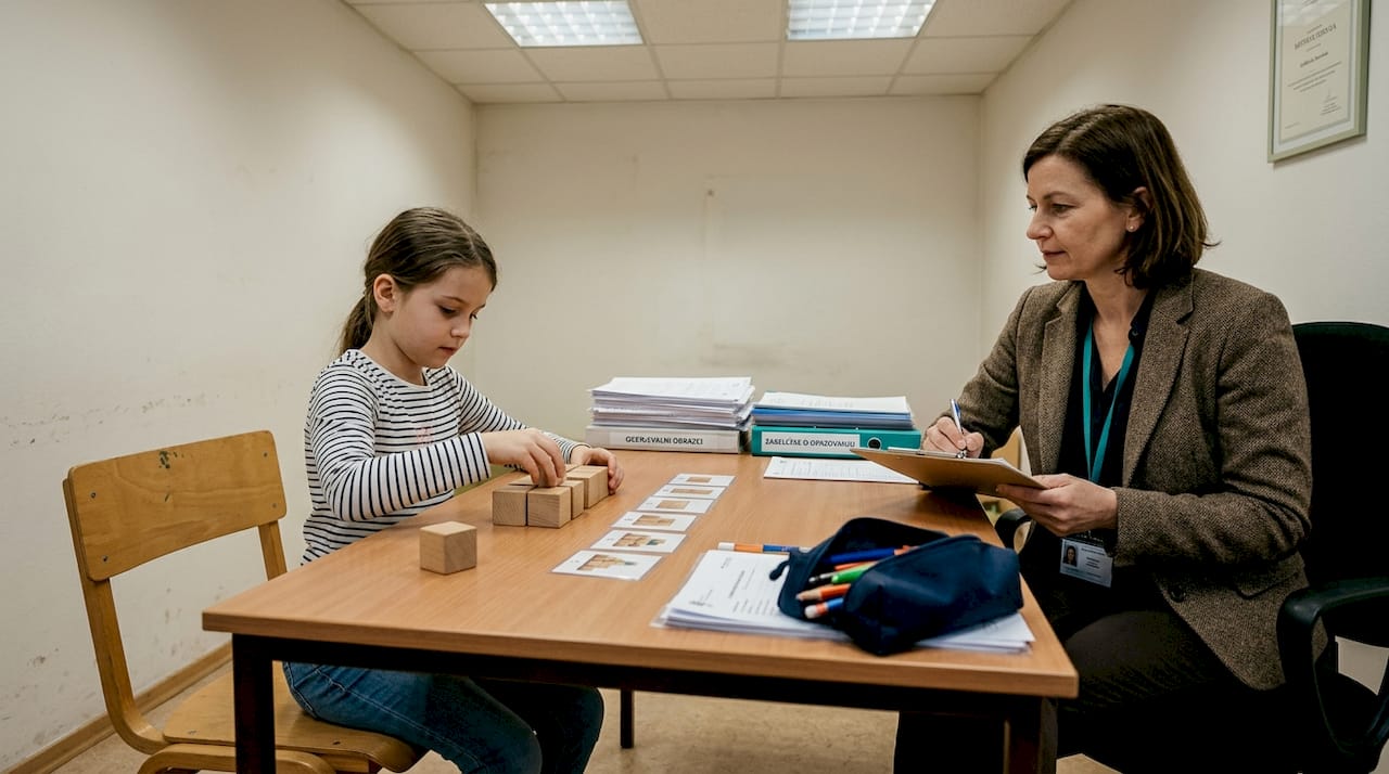 Deklica se osredotočeno igra in rešuje nalogo s pomočjo lesenih kock.