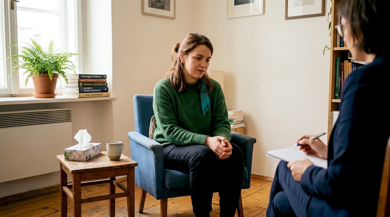 Sproščen pogovor s terapevtom v prijetni, manjši pisarni