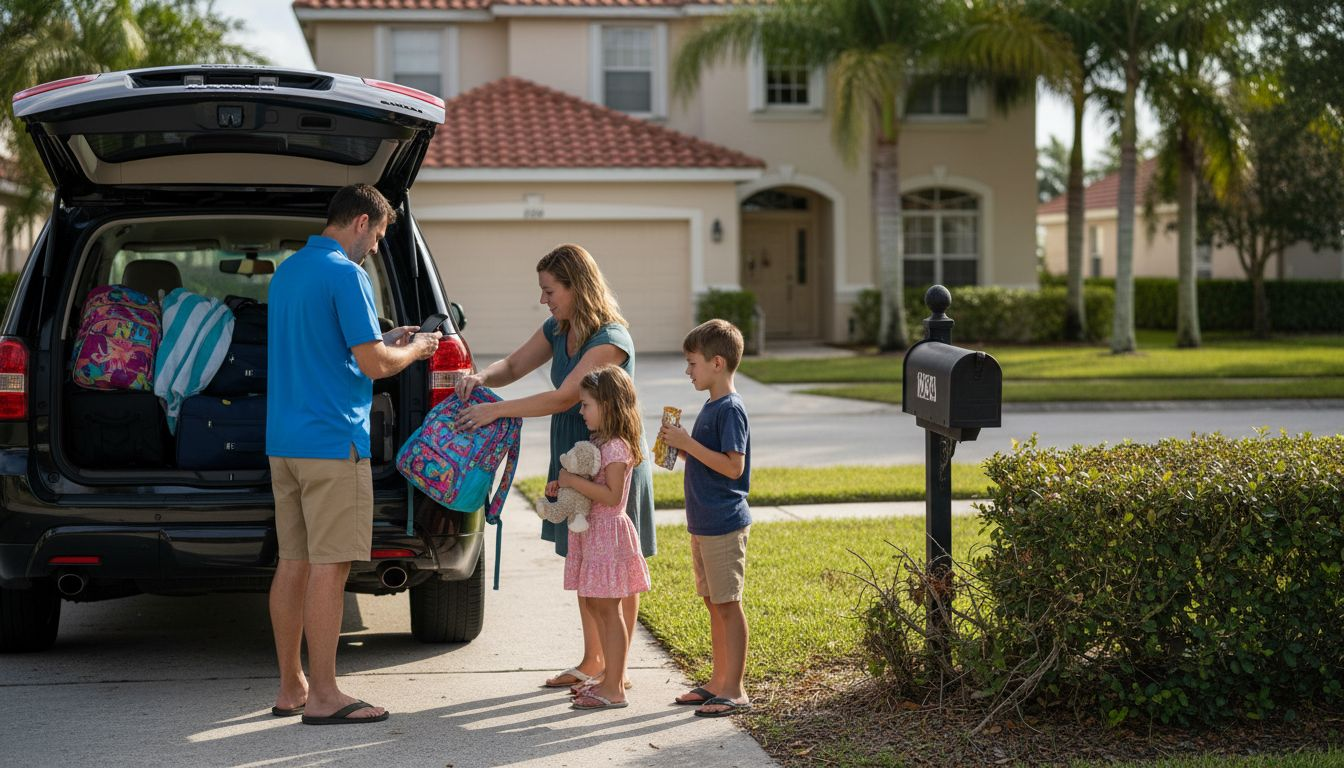 Family preparing private car in Orlando driveway