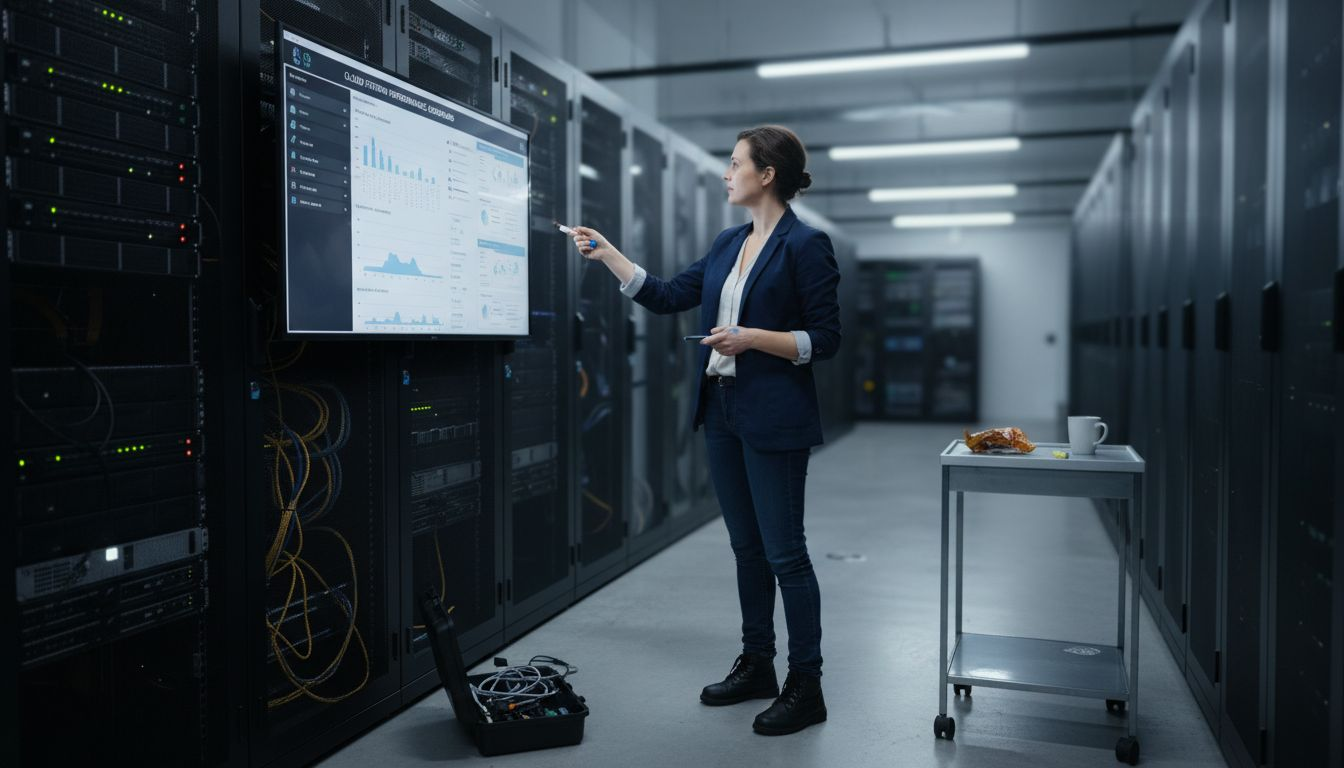 Technician reviewing cloud taxi security metrics