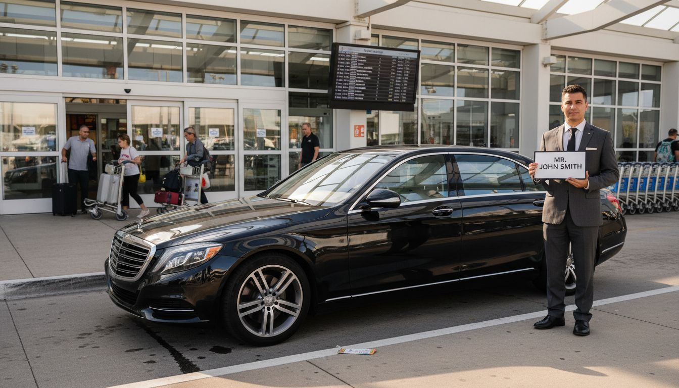 Chauffeur and luxury car at airport curb