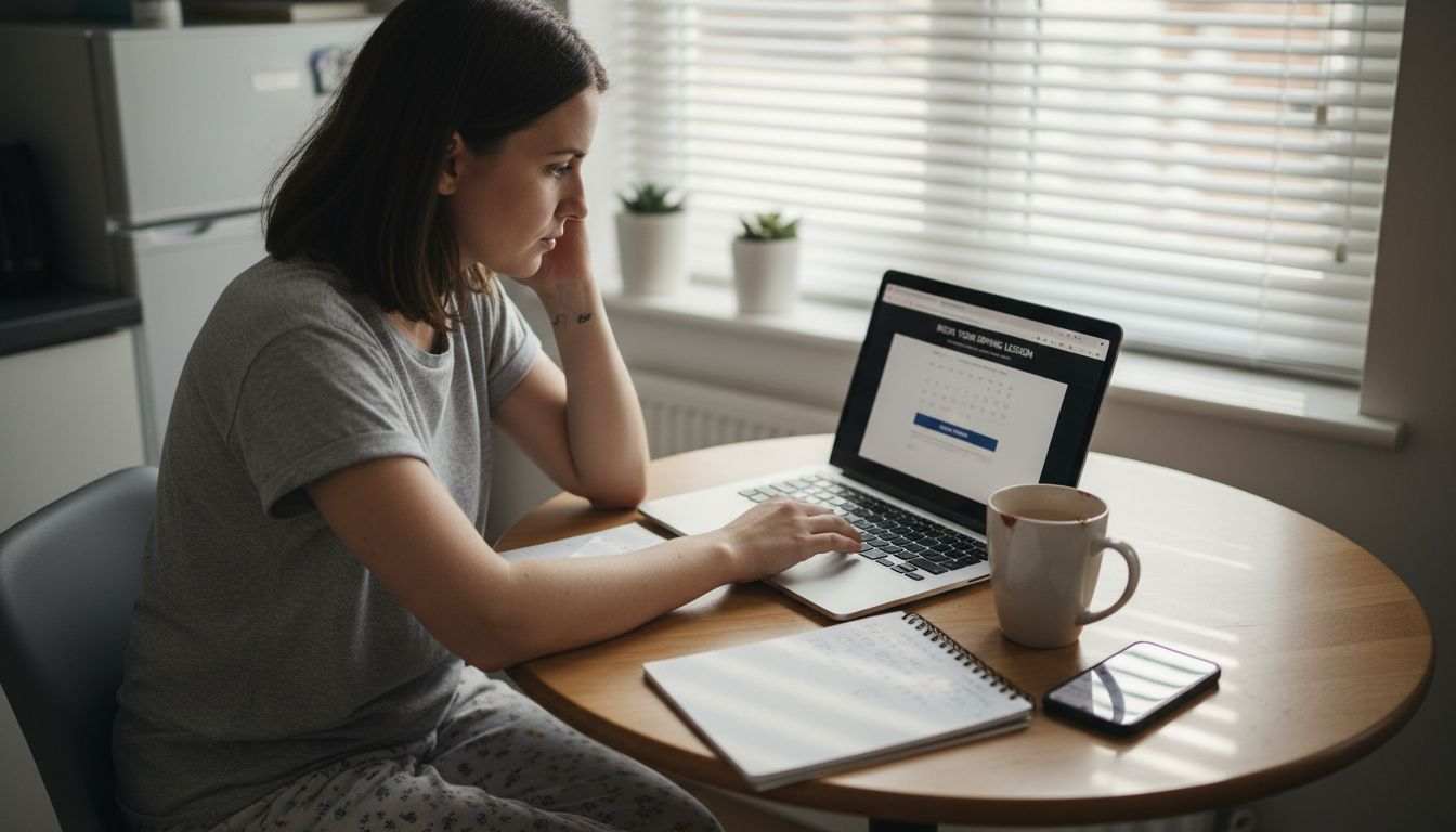 Woman booking driving lesson on laptop