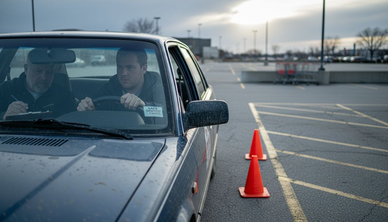 Driving student practicing parking test maneuvers