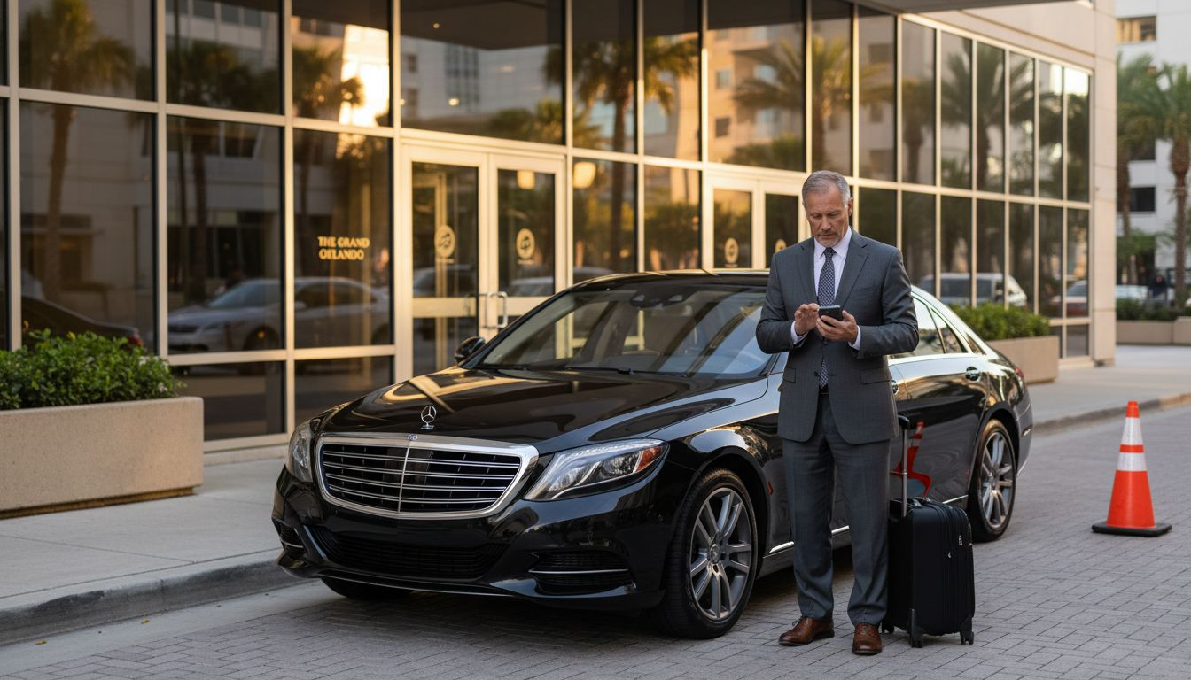 Executive departing luxury car at Orlando hotel