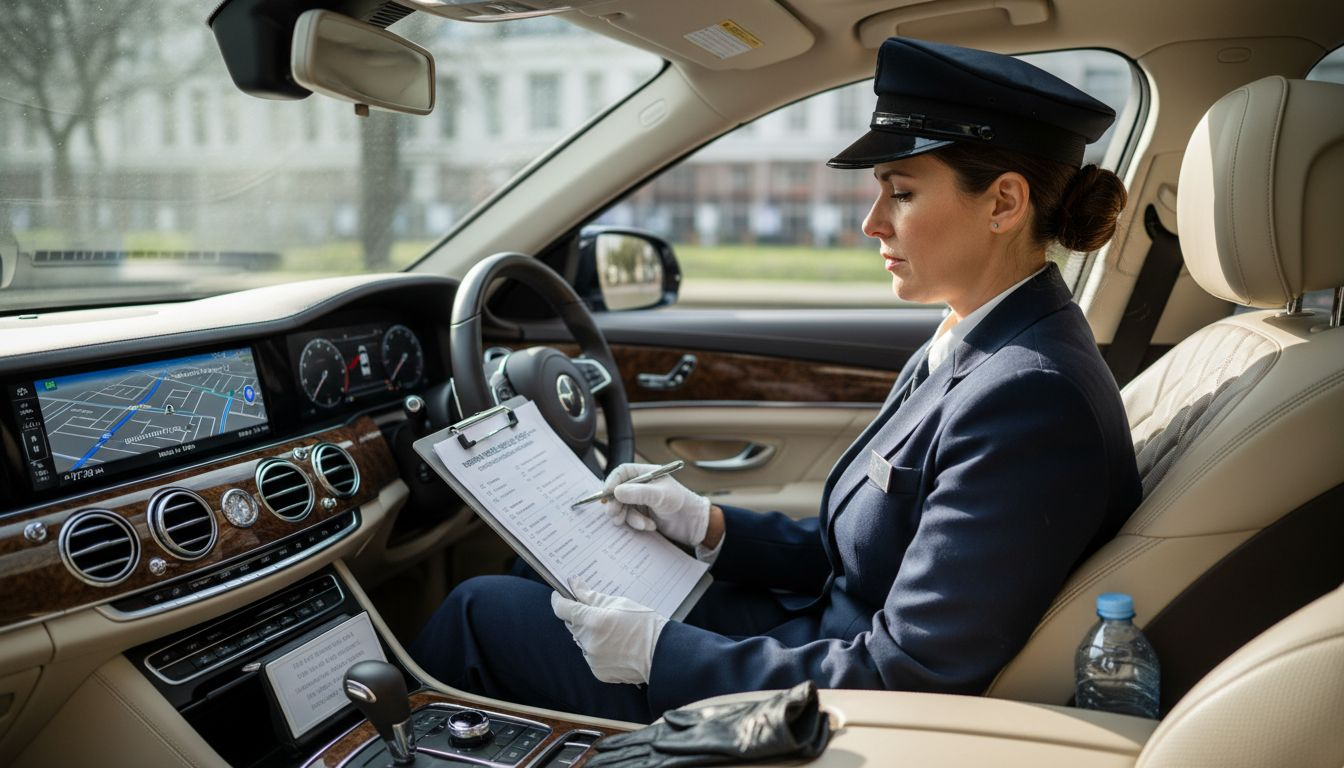 Chauffeur reviewing safety checklist inside vehicle
