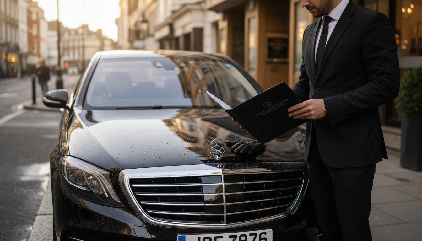 Chauffeur verifying credentials by luxury sedan