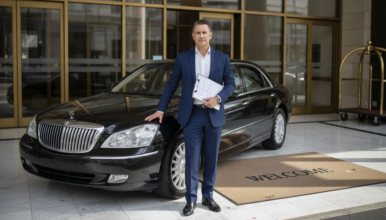 Chauffeur waiting at hotel lobby entrance