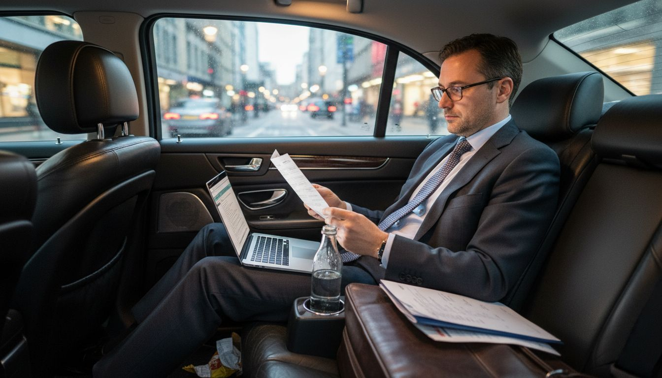 Executive reading itinerary in luxury vehicle
