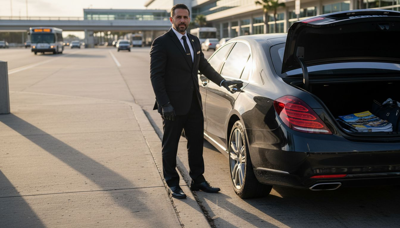 Chauffeur with luxury sedan at Orlando airport