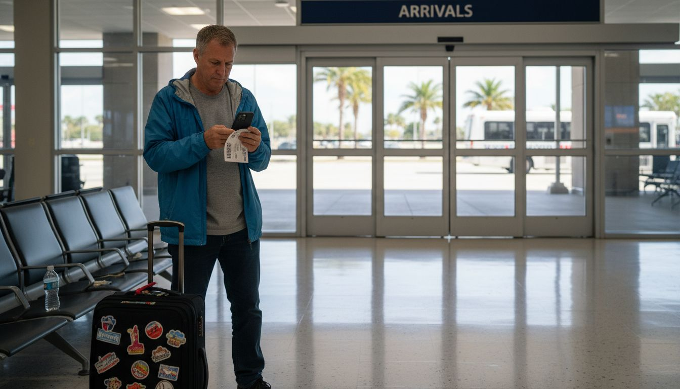 Traveler waiting in airport transfer zone