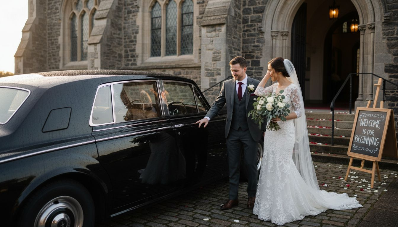 Bride and groom arriving in luxury sedan at wedding