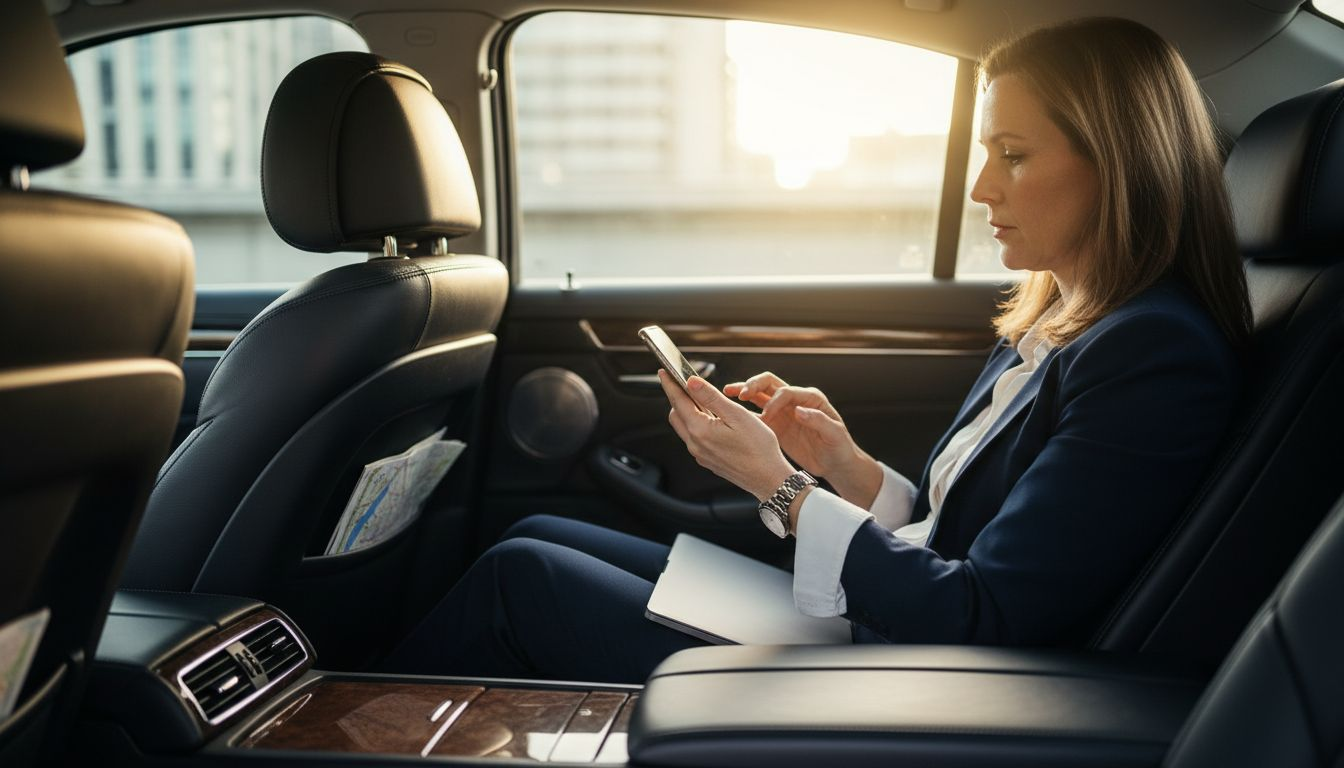 Businesswoman working inside luxury chauffeur sedan