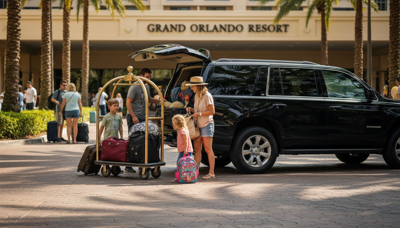 Family loading luggage into SUV outside hotel