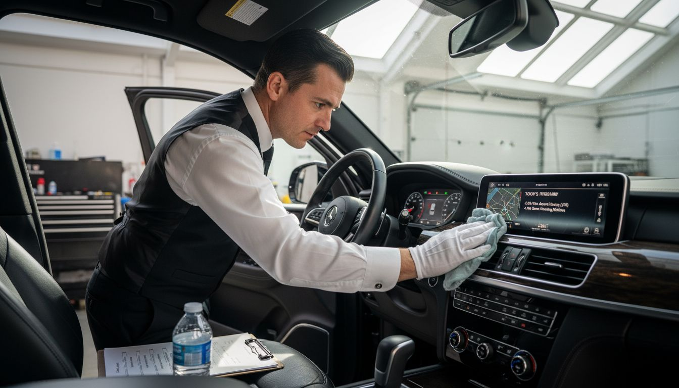 Chauffeur prepares executive vehicle meticulously