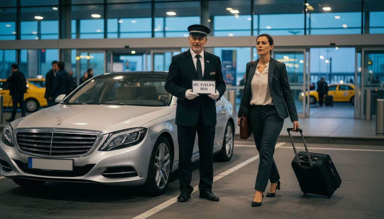 Chauffeur greeting traveler at airport arrivals