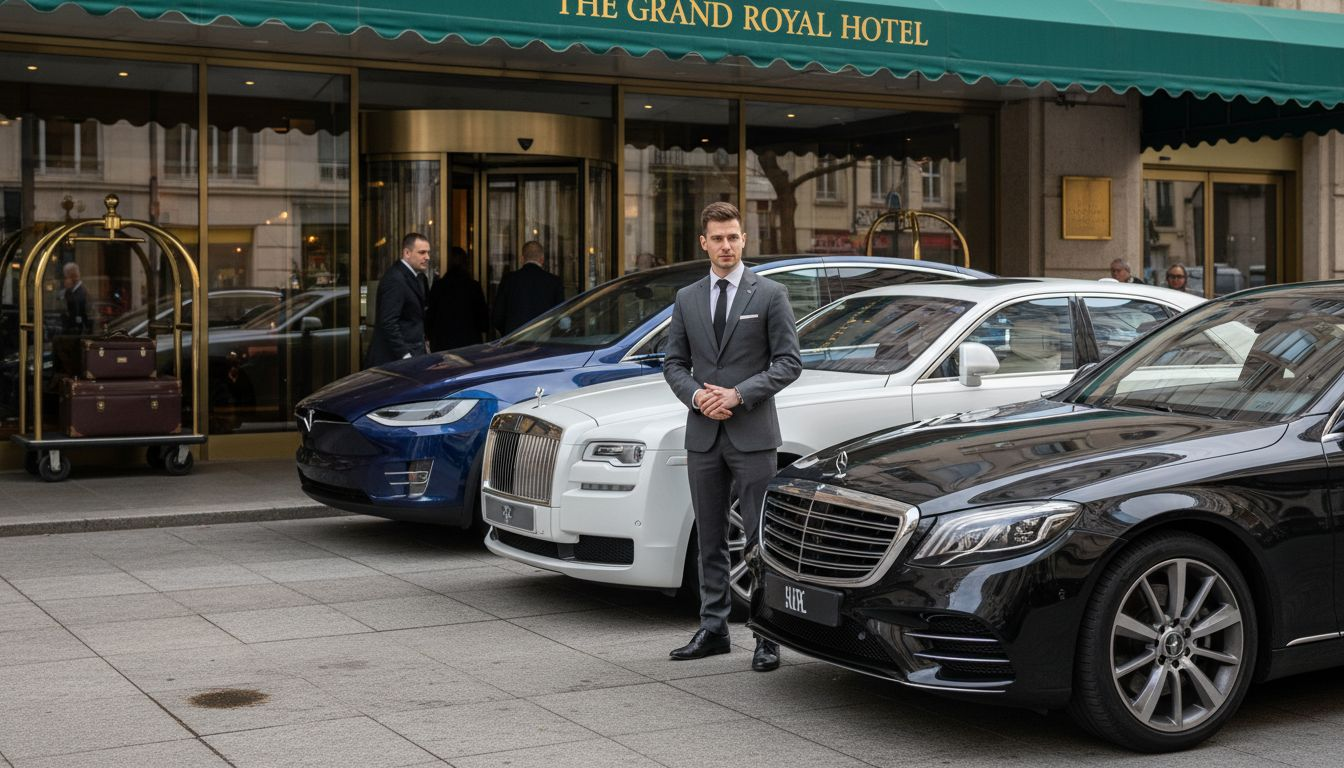 Lineup of luxury cars at hotel valet