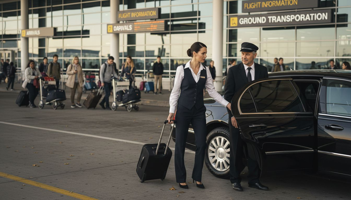Chauffeur assisting woman at airport terminal