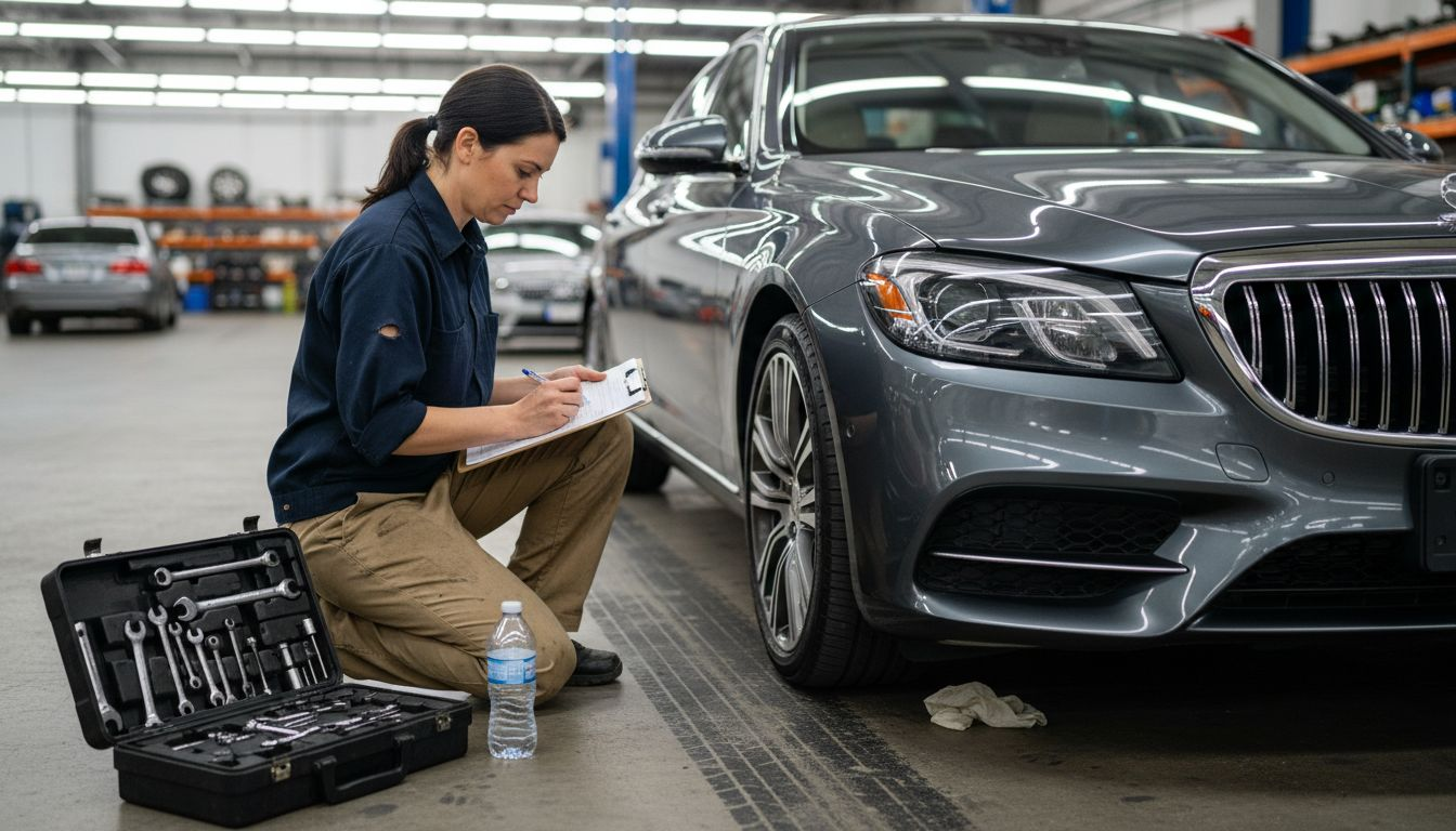 Mechanic performs luxury car inspection protocol