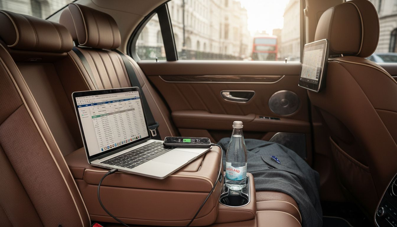 Executive car features laptop smartphone water bottle