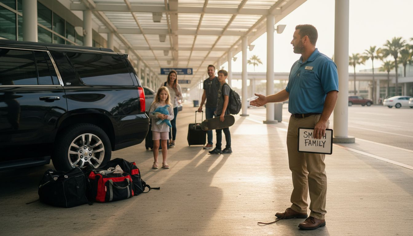 Driver greeting family at Orlando airport curb