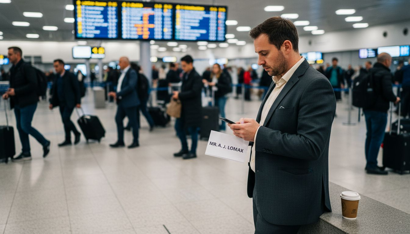 Chauffeur holding sign at busy arrivals hall