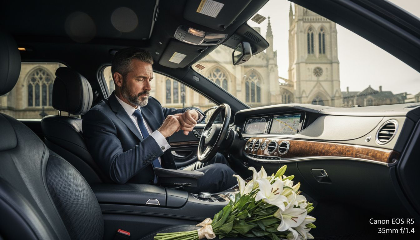 Chauffeur waits in Mercedes wedding car