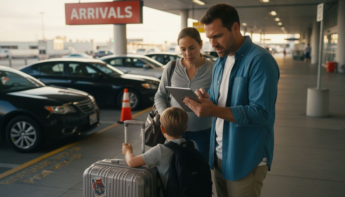 Family selects airport transfer vehicle on tablet