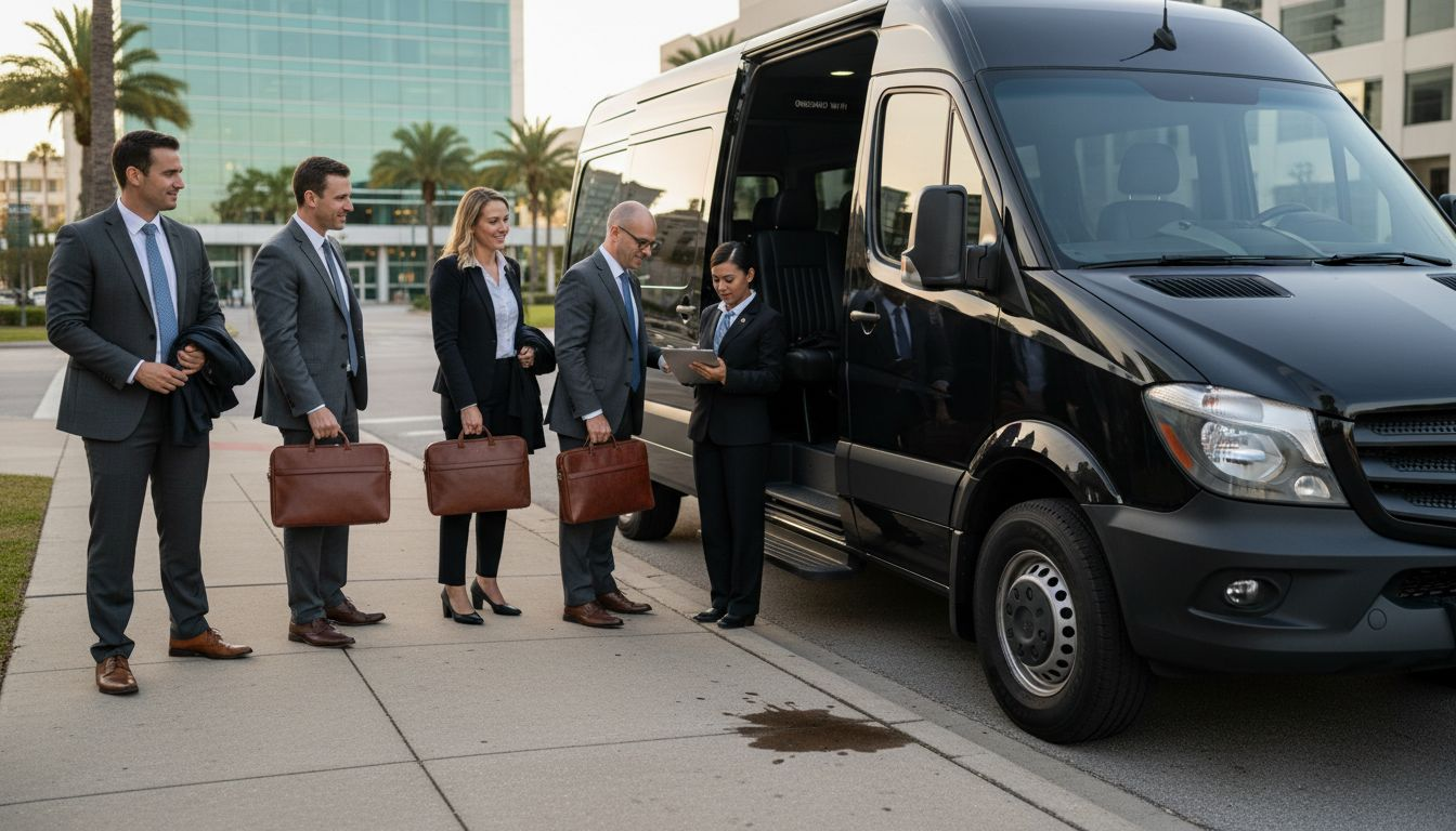 Business group boards luxury van at convention