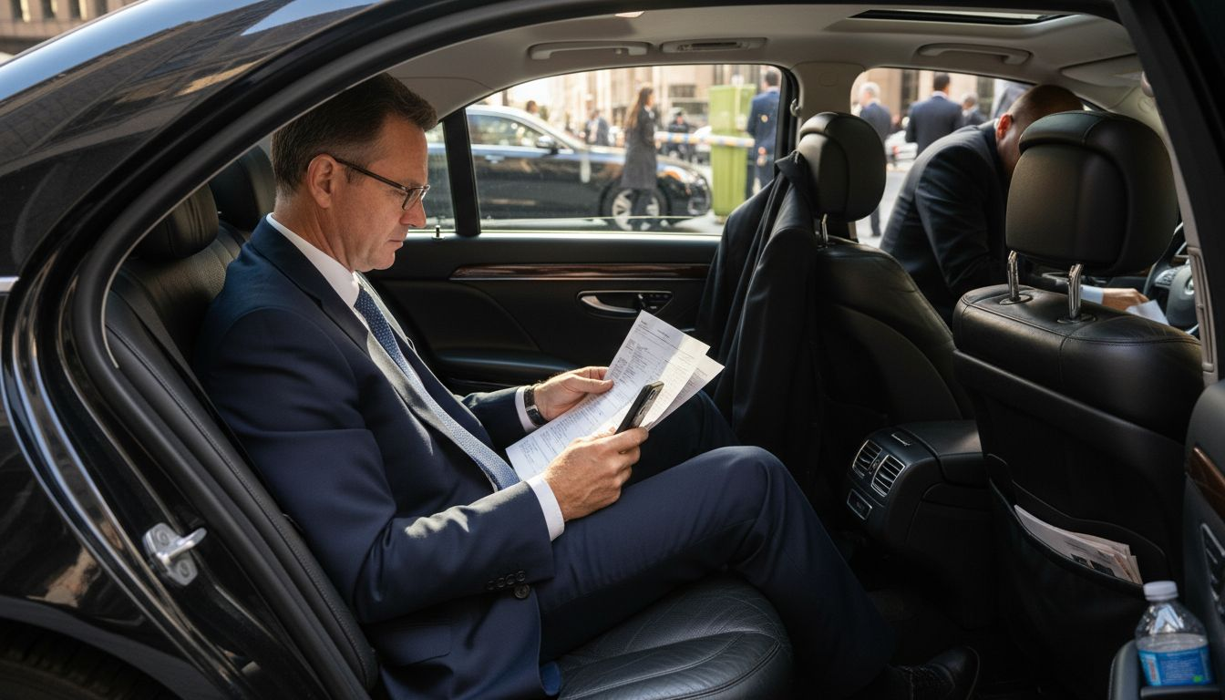 Executive rides in luxury sedan corporate transfer