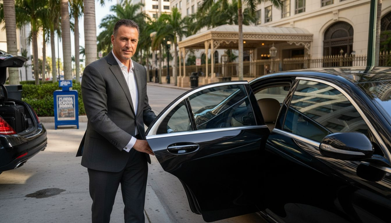 Chauffeur opening black sedan hotel curbside