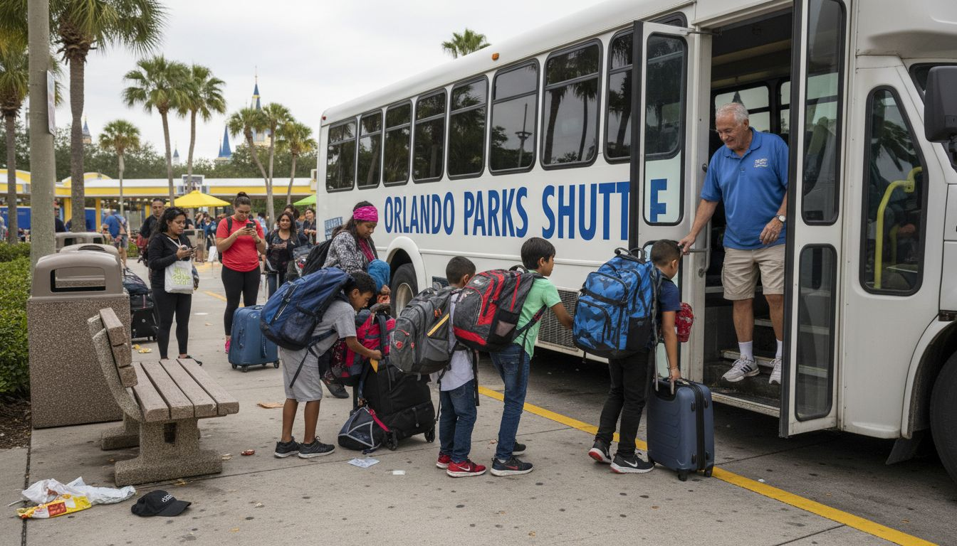 Families boarding Orlando theme park shuttle