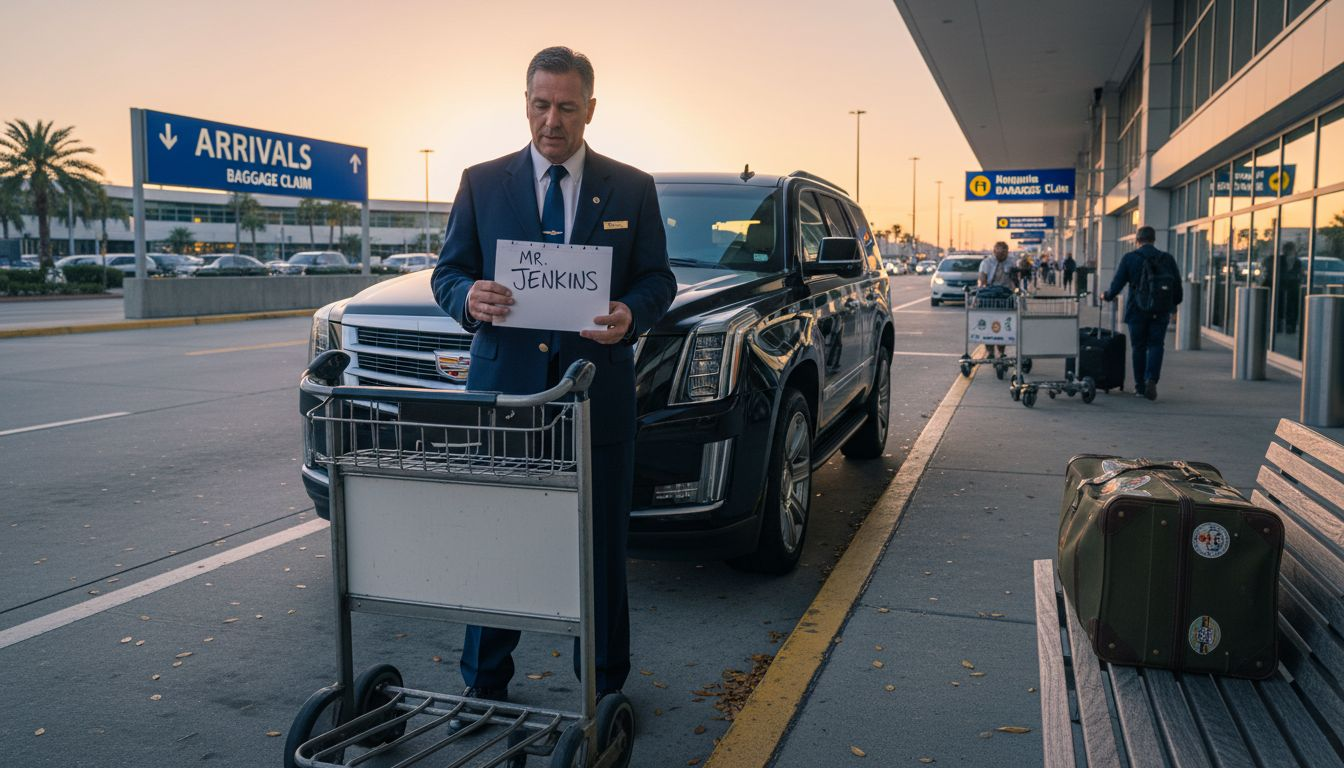 Chauffeur holding sign at Orlando airport curb