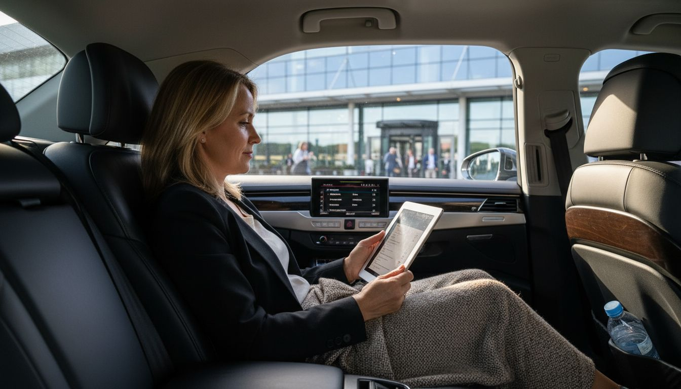 Executive in luxury vehicle interior working