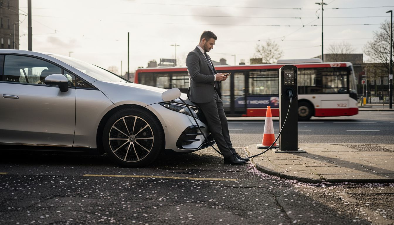 Electric luxury car charging in Birmingham urban setting