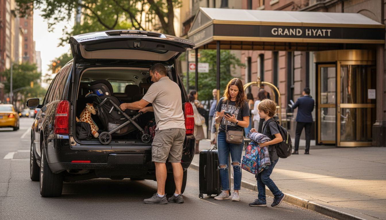 Family loading luggage into luxury SUV