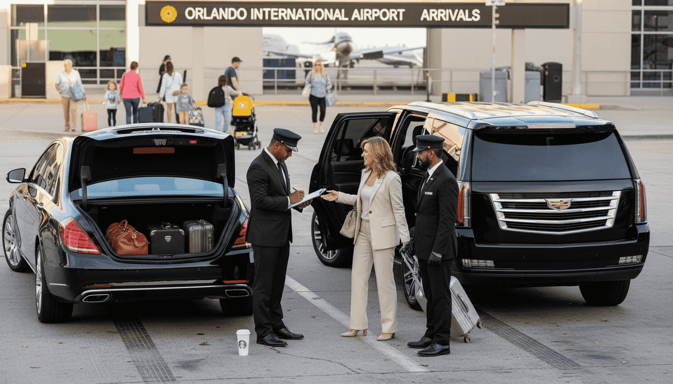Luxury fleet vehicles and chauffeurs at airport curb