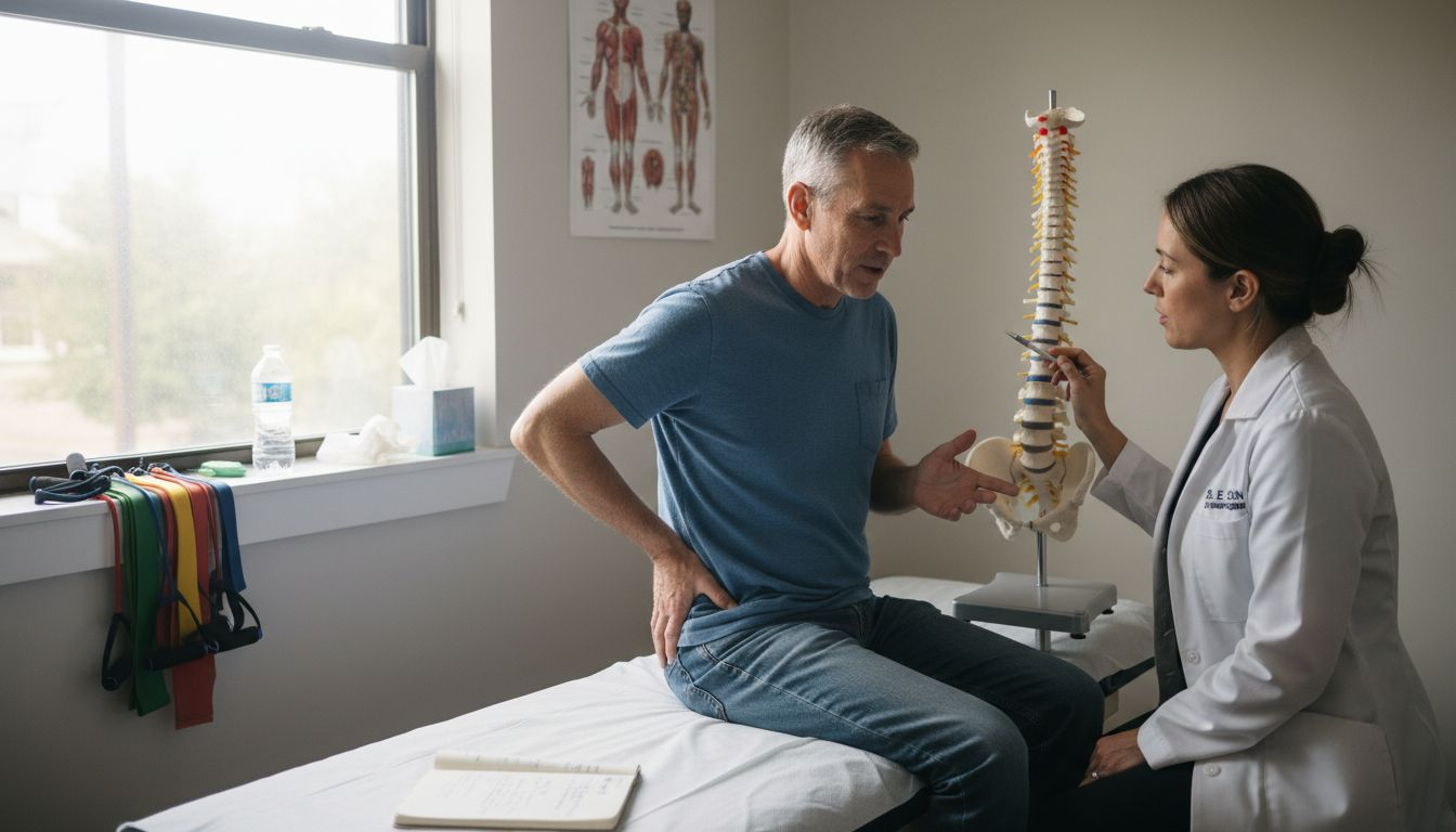 Chiropractor explains spine model to patient