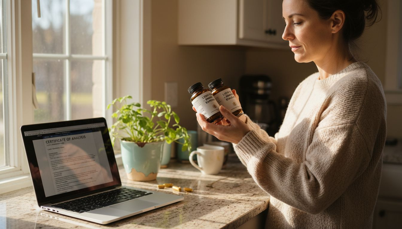 Woman comparing Lions Mane extract bottles