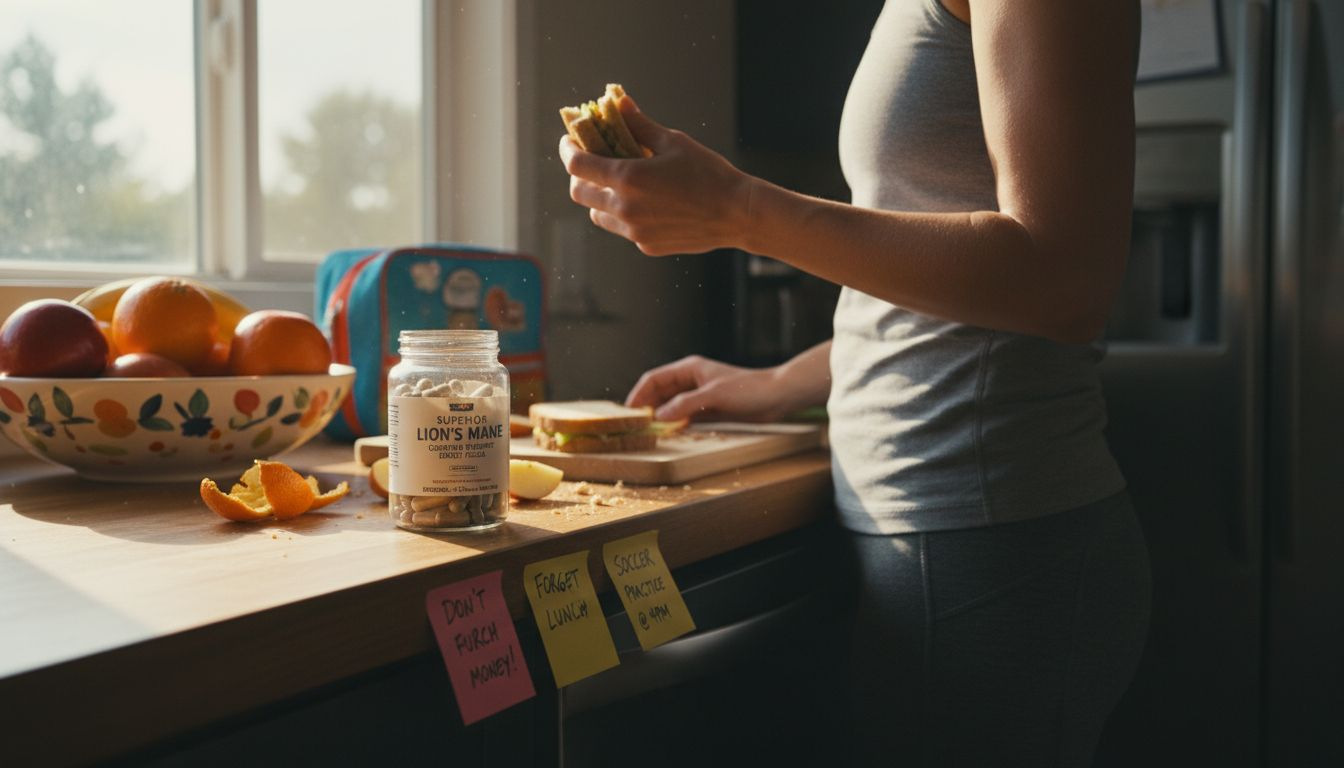 Lion’s mane capsules jar on busy kitchen counter