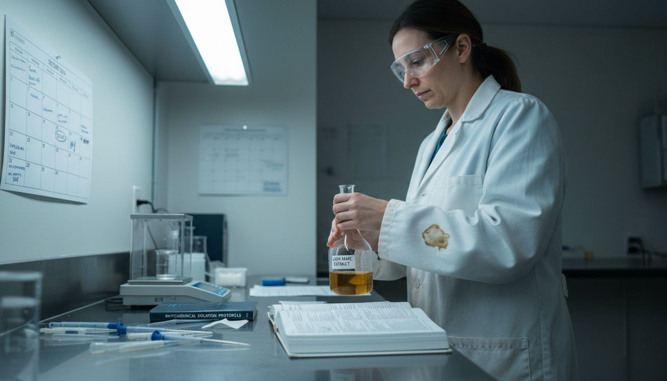 Lab technician with lion's mane extraction flask