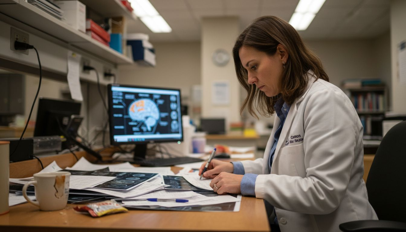 Neuroscientist reviewing brain chemistry documents