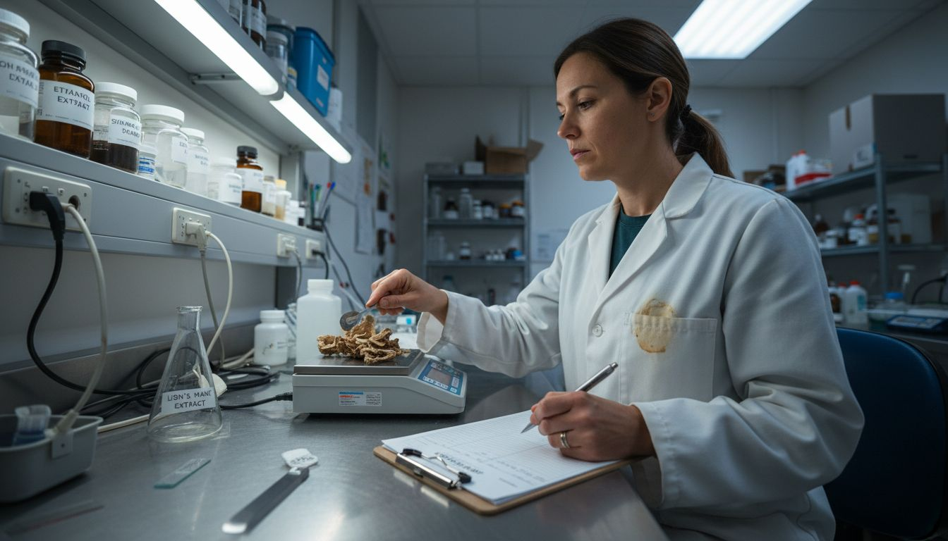 Lab technician weighing lion's mane mushroom