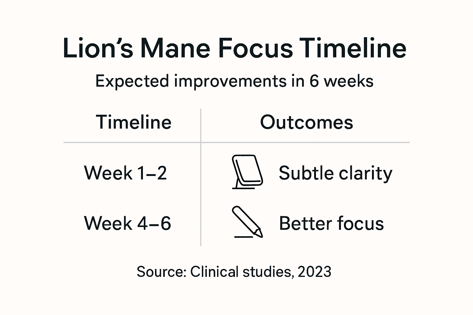 Infographic showing lion’s mane focus timeline and outcomes