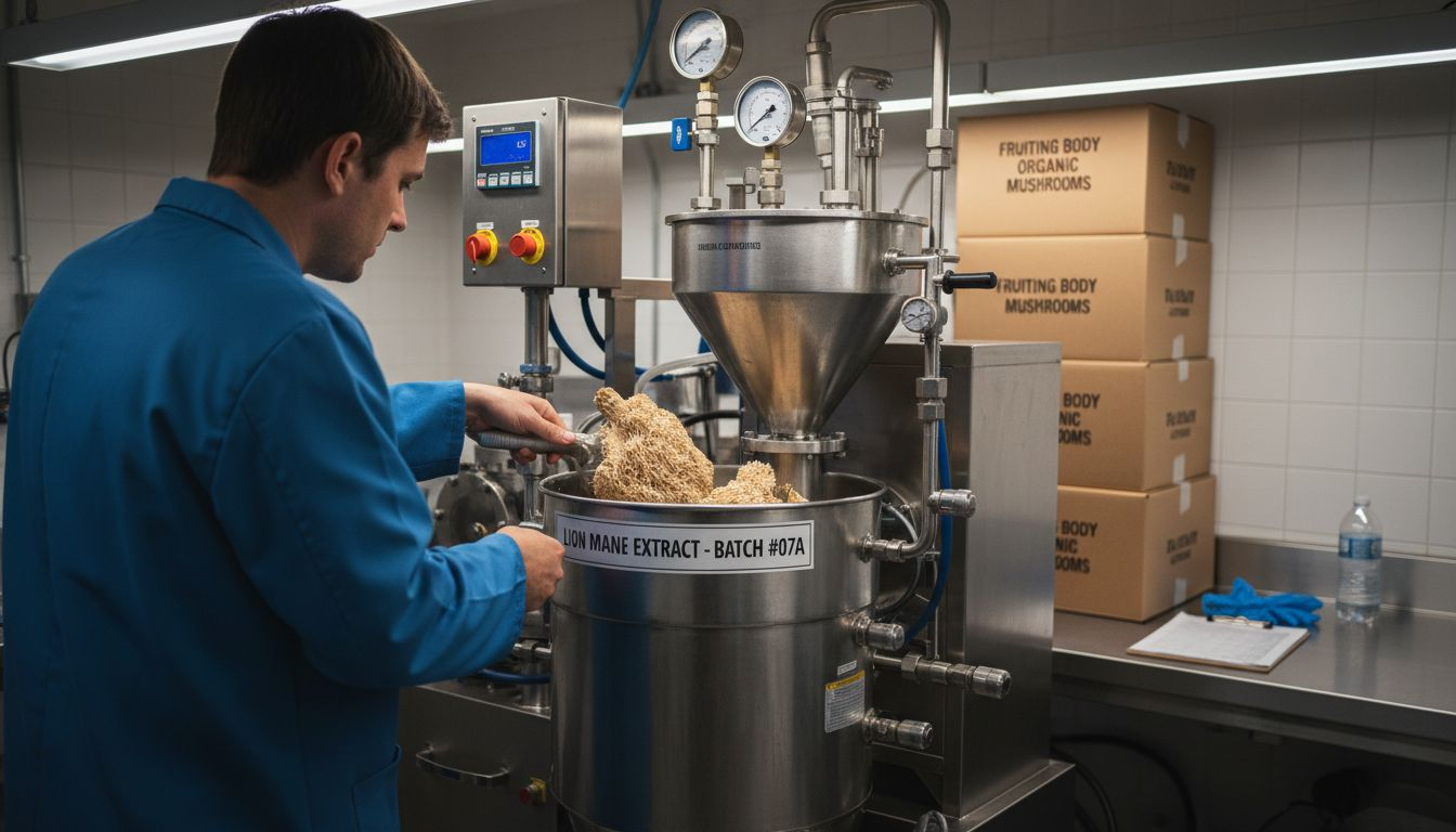 Technician prepping lion's mane for extraction